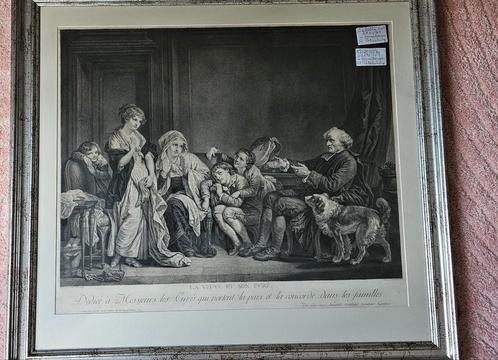 Antieke gravure “La Veuve et son Curé” naar Jean-Baptiste Gr, Antiek en Kunst, Kunst | Etsen en Gravures, Ophalen of Verzenden