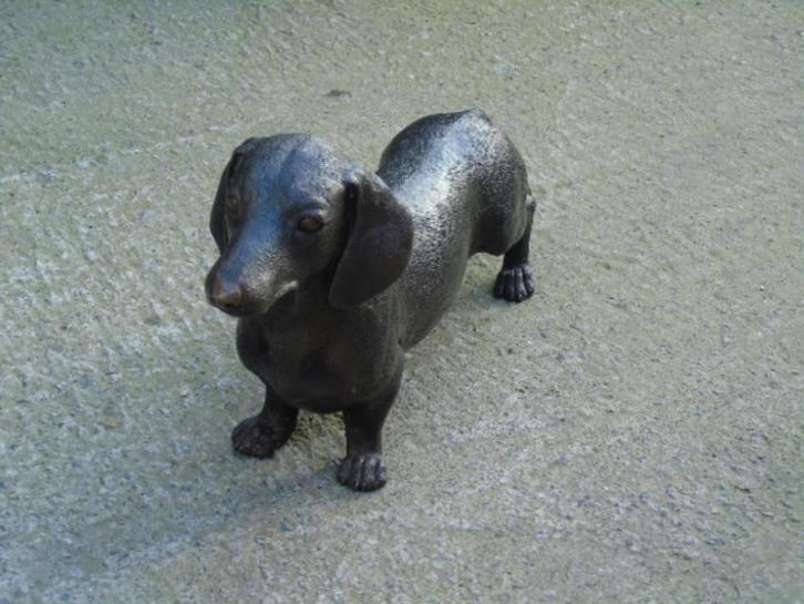 bronzen beeld van een hond, de TECKEL, natuurlijke grootte.., Tuin en Terras, Tuinbeelden, Nieuw, Dierenbeeld, Overige materialen