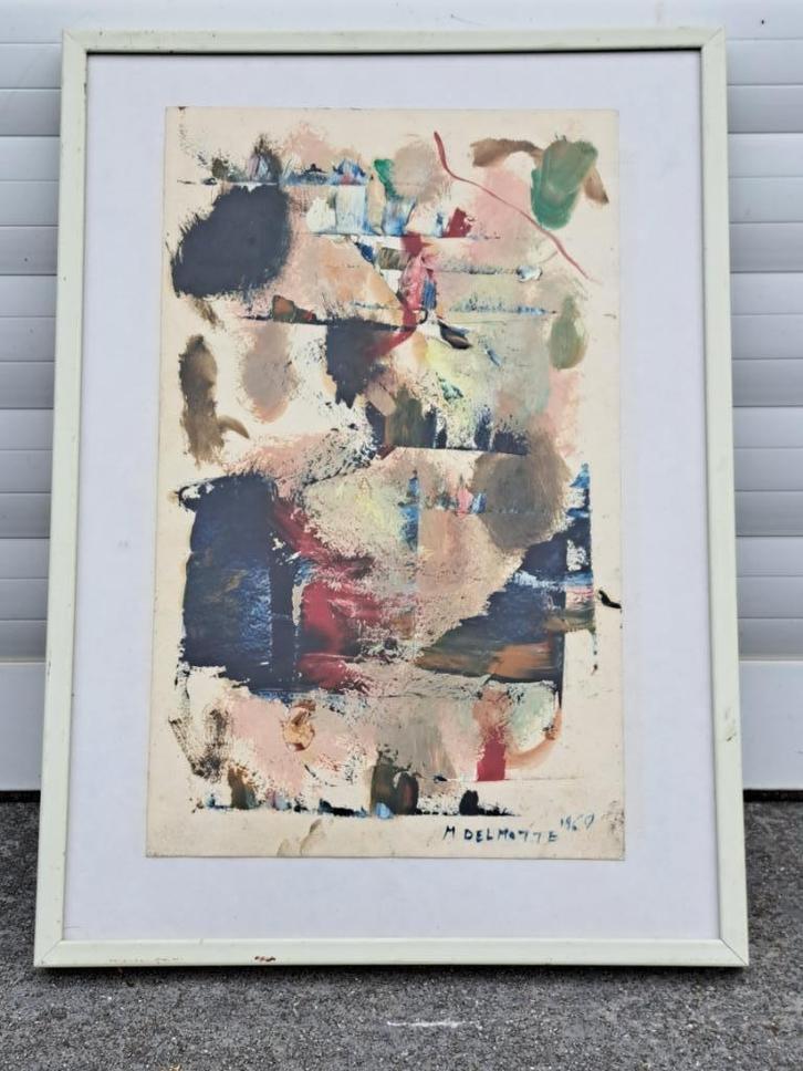 huile sur papier abstrait signe marcel delmotte, Antiek en Kunst, Kunst | Schilderijen | Klassiek, Ophalen of Verzenden