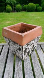 Vintage bloempot terracotta druipglazuur en onderschaal, Tuin en Terras, Ophalen, Vierkant, Terracotta, Binnen