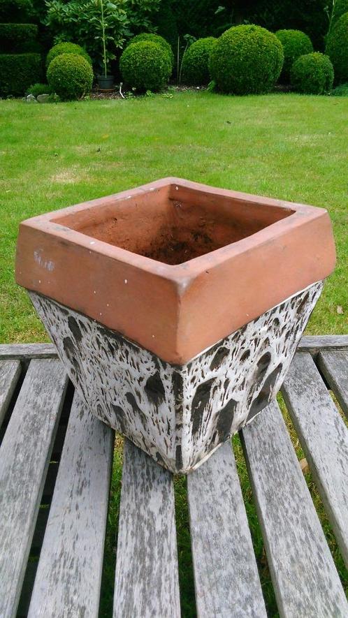 Vintage bloempot terracotta druipglazuur en onderschaal, Tuin en Terras, Bloempotten, Terracotta, Binnen, Balkon, Vierkant, Ophalen