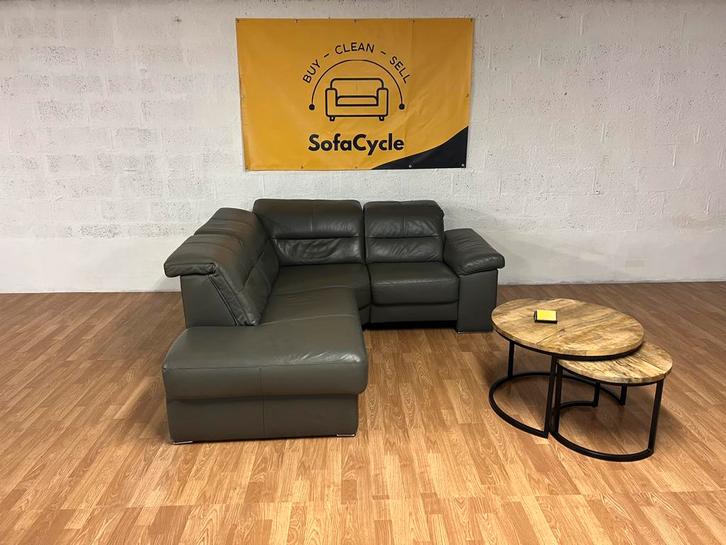 Groene lederen hoekzetel met modulaire hoofdsteunen, Huis en Inrichting, Zetels | Voetbanken en poefs, Zo goed als nieuw, Ophalen of Verzenden