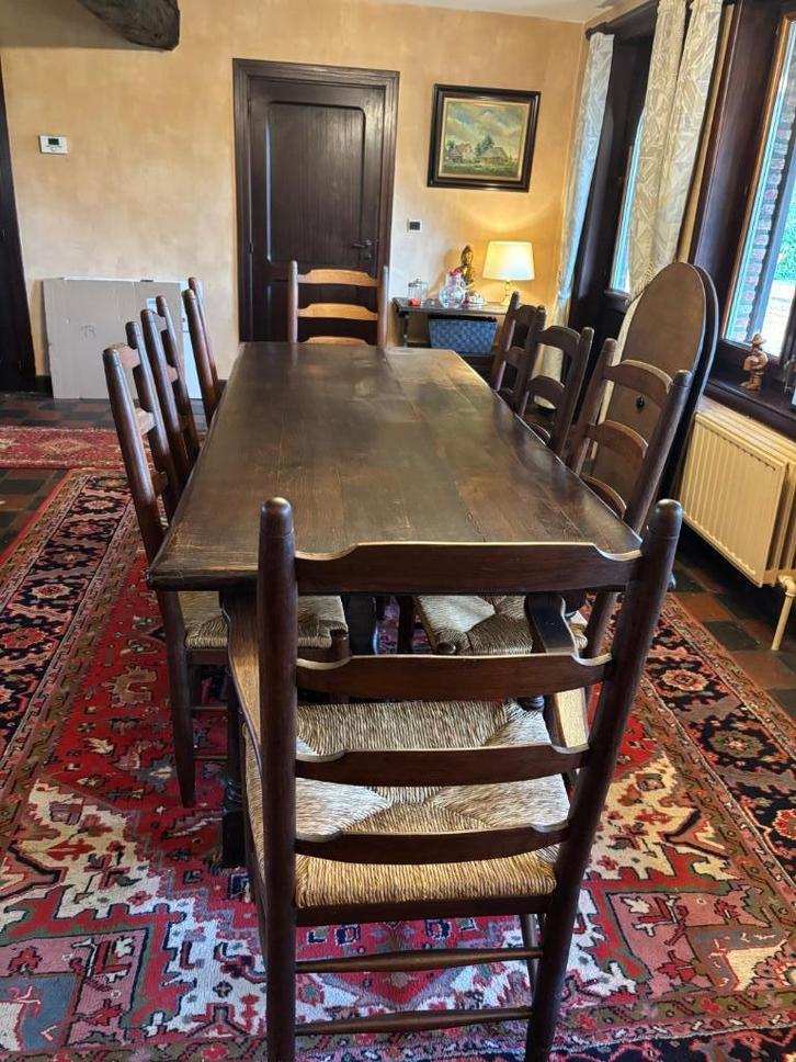 Massieve Kloostertafel 220cm + 8 stoelen- zeer goede staat, Antiek en Kunst, Antiek | Meubels | Stoelen en Sofa's, Ophalen