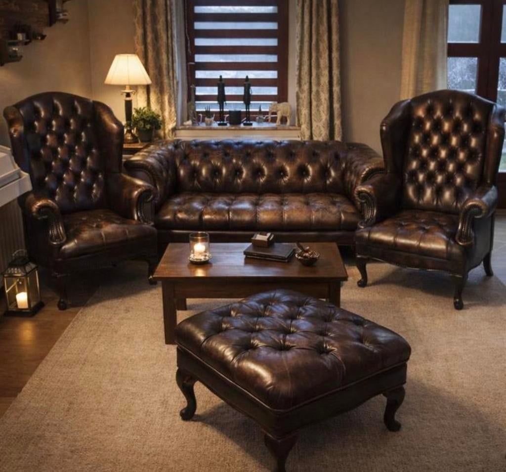 Ensemble chesterfield en cuir européen, Maison & Meubles, Enlèvement, Utilisé, Cuir, Chesterfield