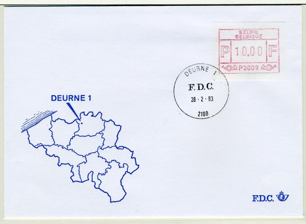 (B) Enveloppe ATM9 FDC 1983 - Deurne 1 (P3009), Enlèvement ou Envoi, Affranchi, Avec enveloppe, Oblitération 1er jour