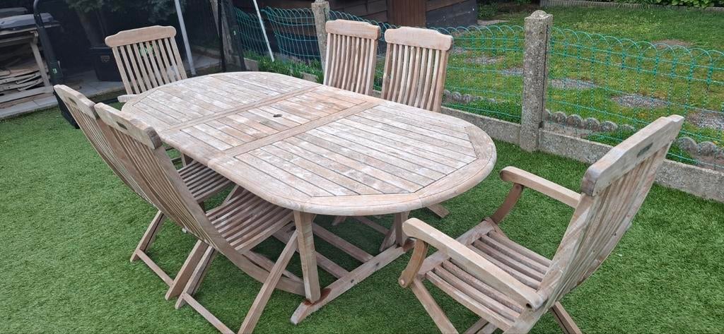 TEAK TUINSET 6 STOELEN EN TAFEL UITSCHUIFBAAR, Tuin en Terras, Ophalen of Verzenden, Tuinset