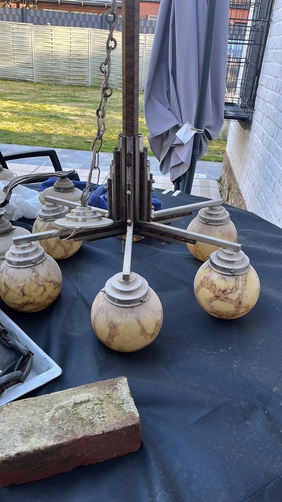 lustre Art déco de type 6 branches opaline marbrée, Antiek en Kunst, Antiek | Verlichting, Ophalen of Verzenden