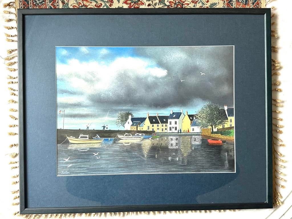 Aquarelle encadrée – Jean-Pierre Hostier – Scène portuaire, Ophalen