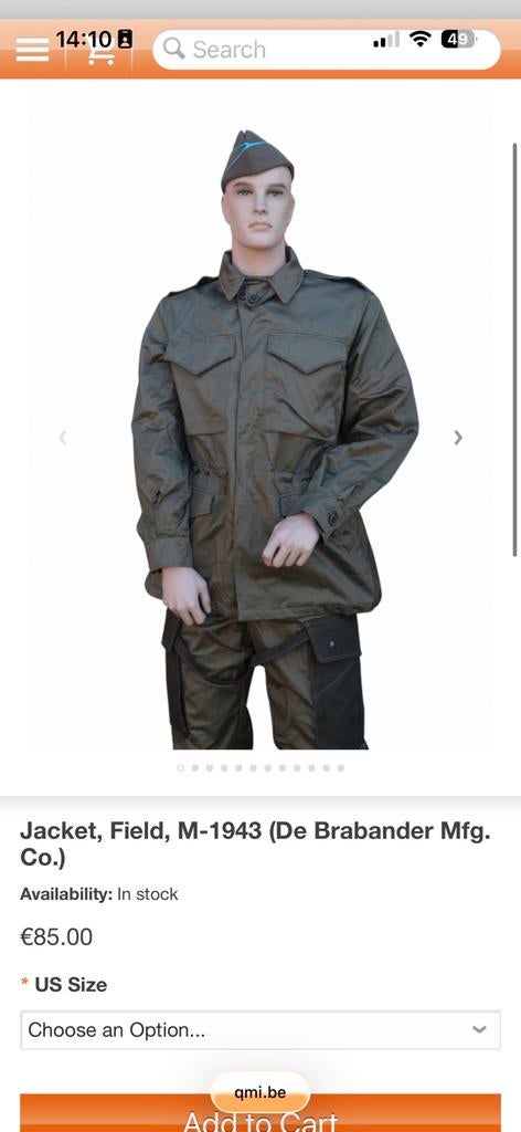 Veste m43 ww2 reproduction taille 50, Collections, Enlèvement ou Envoi, Vêtements ou Chaussures