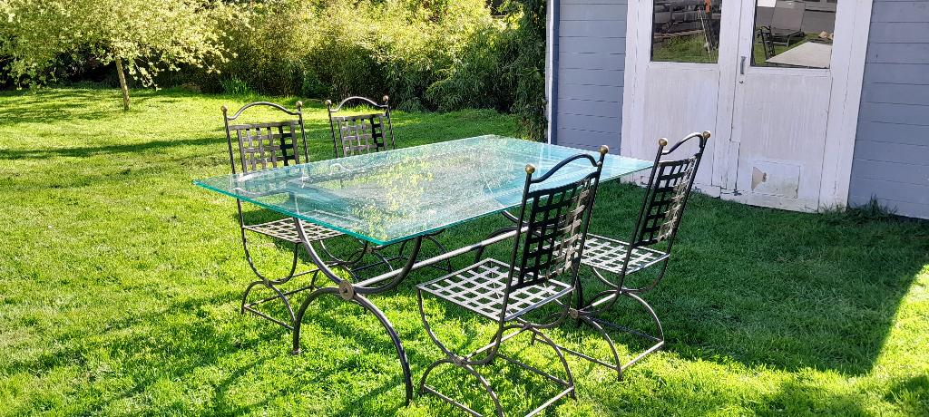 Eettafel + 4 stoelen — smeedijzer en glas, Ophalen, Gebruikt, 4 tot 6 stoelen