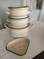 3 emaille kookpotten/ pannen en een aanrechtzeefje., Antiek en Kunst, Ophalen of Verzenden