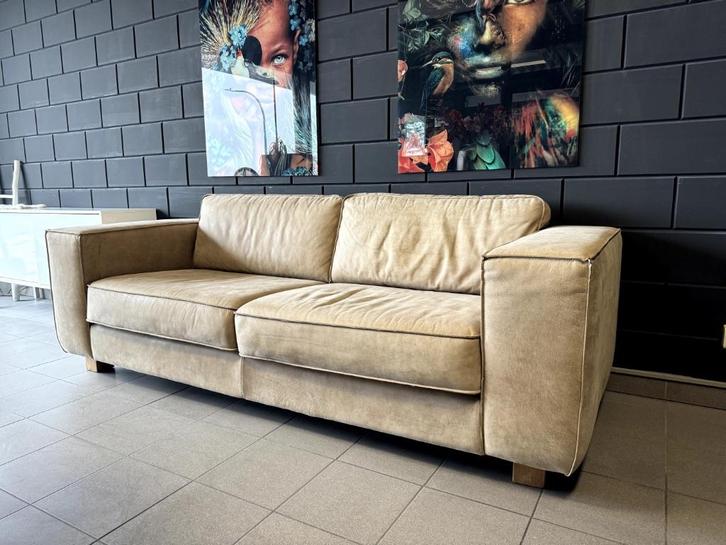 Beige lederen zetel / bankstel 3-zits aniline leer, Huis en Inrichting, Zetels | Zetels, Gebruikt, Rechte bank, Driepersoons, 200 tot 250 cm