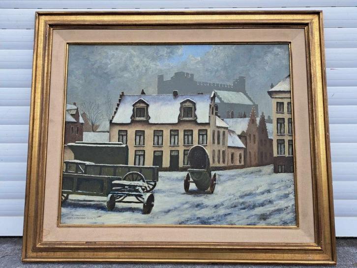 huile sur panneau Le quai Lievekaai à Gand signe m janssens, Antiek en Kunst, Kunst | Schilderijen | Klassiek, Ophalen of Verzenden