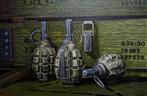 "Stilleven met leger granaten" Schilderij, Antiek en Kunst, Kunst | Schilderijen | Modern, Verzenden