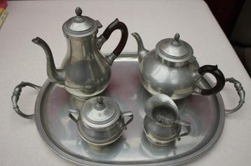 Tinnen Thee en koffie set, ovalen dienblad, gemerkt beschikbaar voor biedingen
