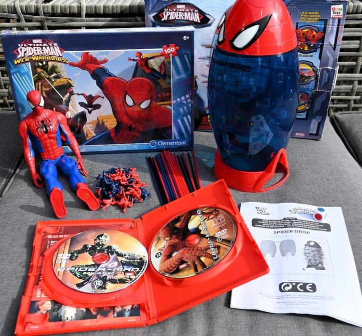 Spiderman actiefiguur, puzzel, Spider drop en gratis DVD's, Kinderen en Baby's, Speelgoed | Actiefiguren, Zo goed als nieuw, Ophalen of Verzenden