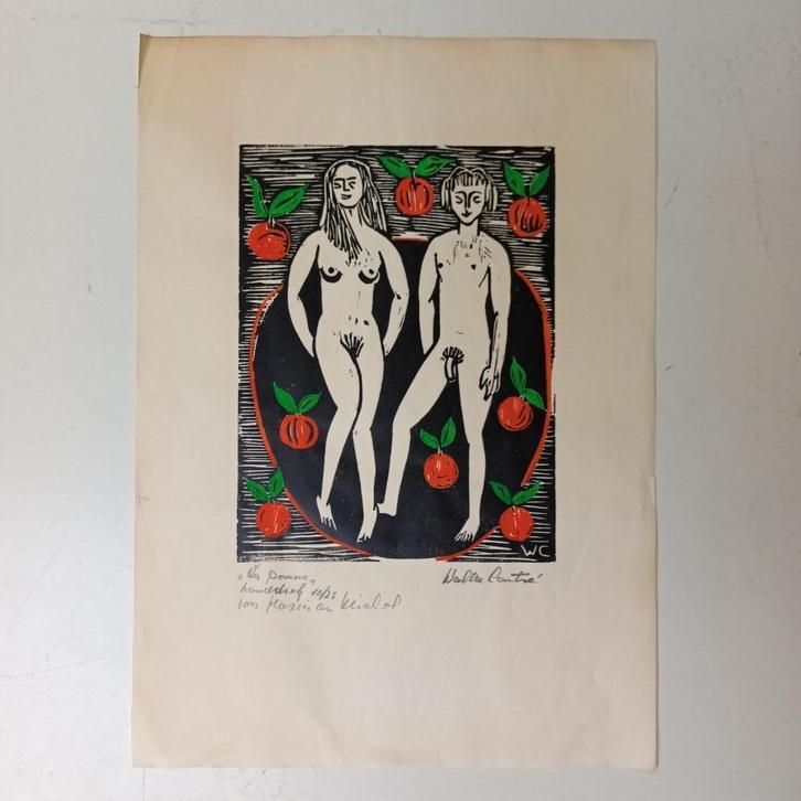 Walter Cantré (1914) - houtsnede - "Adam en Eva", Antiek en Kunst, Kunst | Etsen en Gravures, Ophalen of Verzenden