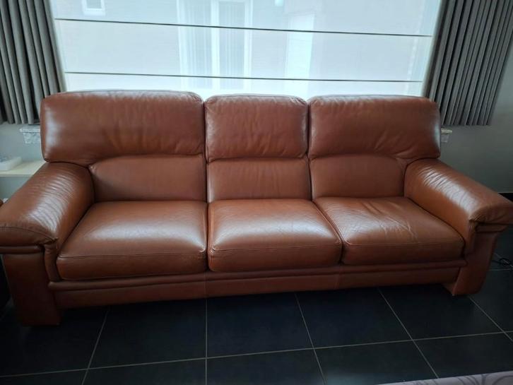Leren zetel cognac, Huis en Inrichting, Zetels | Zetels, Gebruikt, Rechte bank, Vierpersoons of meer, 150 tot 200 cm, Leer, Ophalen
