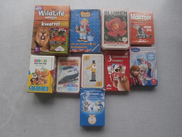 lot gezelschapspellen-kaarten:kwartet-memospellen ea., Hobby en Vrije tijd, Gezelschapsspellen | Kaartspellen, Gebruikt, Ophalen of Verzenden