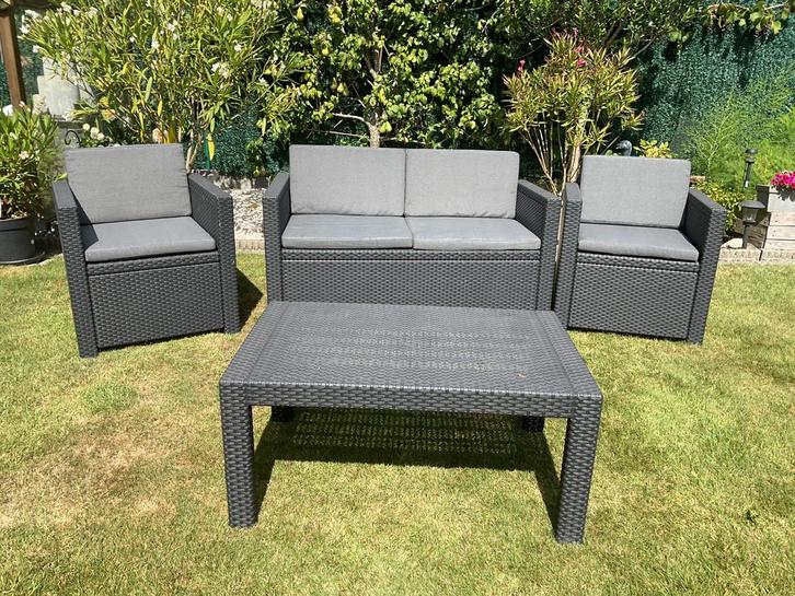 LOUNGESET met kussens, Tuin en Terras, Tuinsets en Loungesets, Zo goed als nieuw, Loungeset, Wicker, 4 zitplaatsen, Bank, Bijzettafel