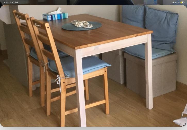 Grenen eetset: tafel + bankje + 4 Scandinavische stoelen, Huis en Inrichting, Tafels | Eettafels, Zo goed als nieuw, Grenenhout