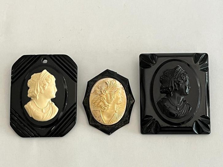 3 Rouw Camee Spelden in Zwart Bakeliet, Handtassen en Accessoires, Broches, Zwart, Verzenden