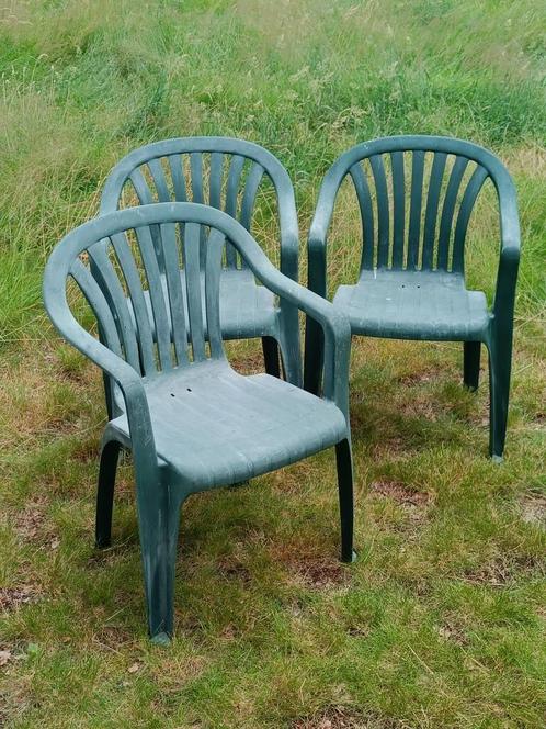 set van 3 groene tuinstoelen, Jardin & Terrasse, Chaises de jardin, Utilisé, Synthétique, Empilable, Enlèvement