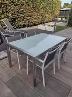 Aluminium tuintafel en 4 stoelen, Ophalen, Zo goed als nieuw, Aluminium, Stapelbaar