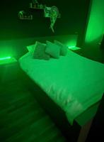 Houten bed met ledverlichting & kast, Ophalen, Gebruikt, Steigerhout, Tweepersoons