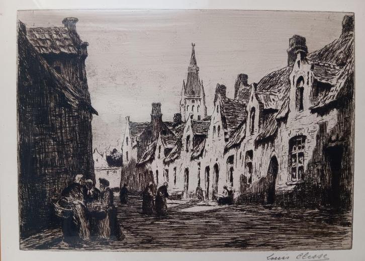 Louis Clesse (1889-1961)  - ets -  oud straatzicht, Antiek en Kunst, Kunst | Etsen en Gravures, Ophalen of Verzenden