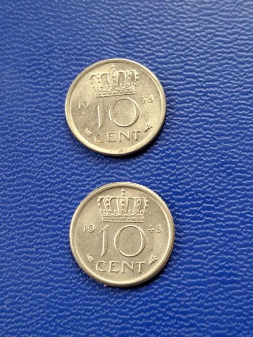 1948 twee dubbeltjes in CuNi portret NL en Curacao, Postzegels en Munten, Munten | Nederland, Setje, 10 cent, Koningin Wilhelmina