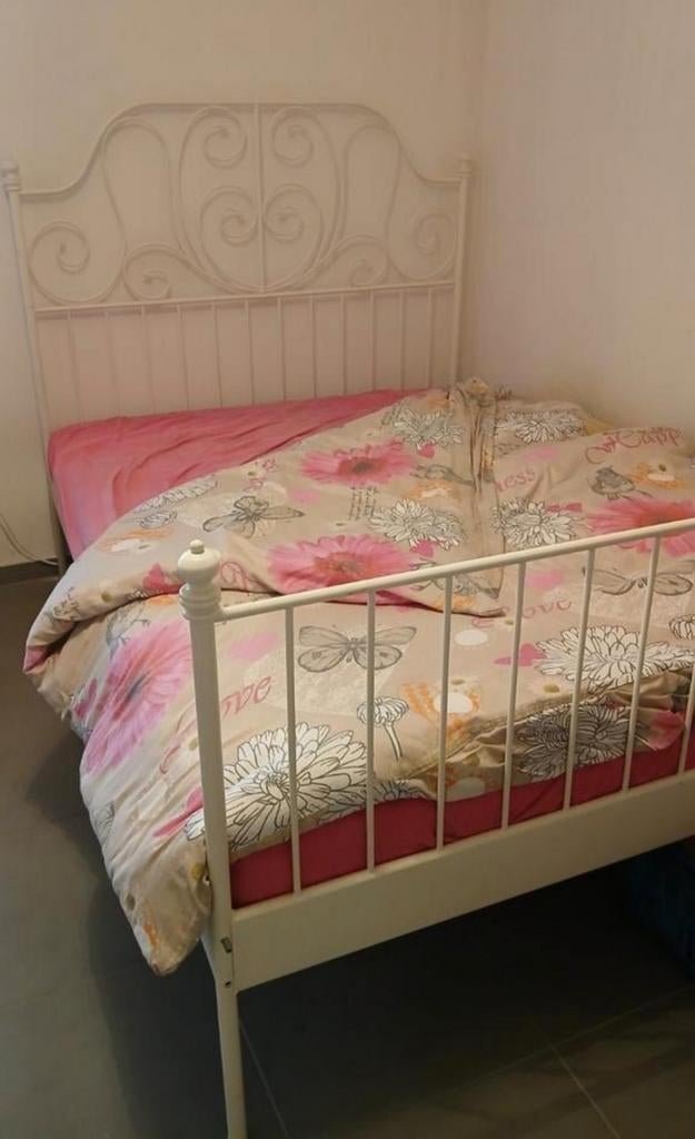 2-persoons bed, compleet, zeer goede staat, Ikea., Maison & Meubles, Chambre à coucher | Lits, Métal, Blanc, Enlèvement