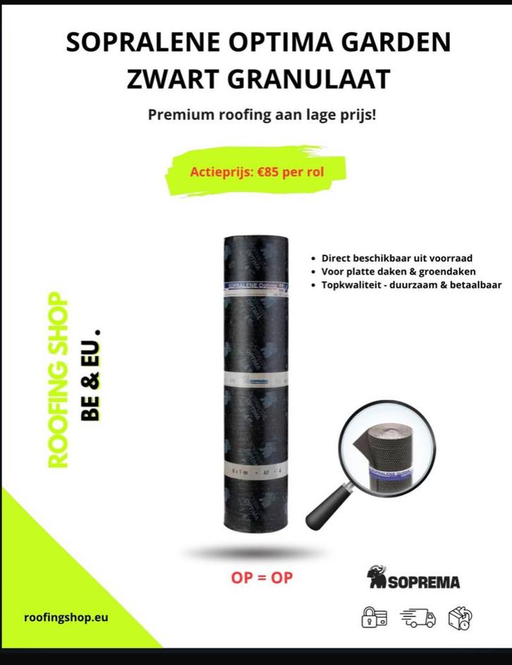 Sopralene Optima Brune Flammé Premium Roofing, Doe-het-zelf en Bouw, Dakpannen en Dakbedekking, Nieuw, Dakleer, Kunststof, Zwart