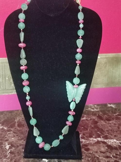 Exclusieve collier met geschulpte aventurijnen robijnen, gou, Handtassen en Accessoires, Kettingen, Gebruikt, Goud, Goud, Met edelsteen