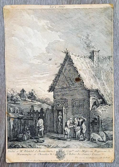 Ets J.Ph. Le Bas (naar Teniers) Les 2 Amis - 18e eeuw, Antiek en Kunst, Kunst | Etsen en Gravures, Ophalen of Verzenden