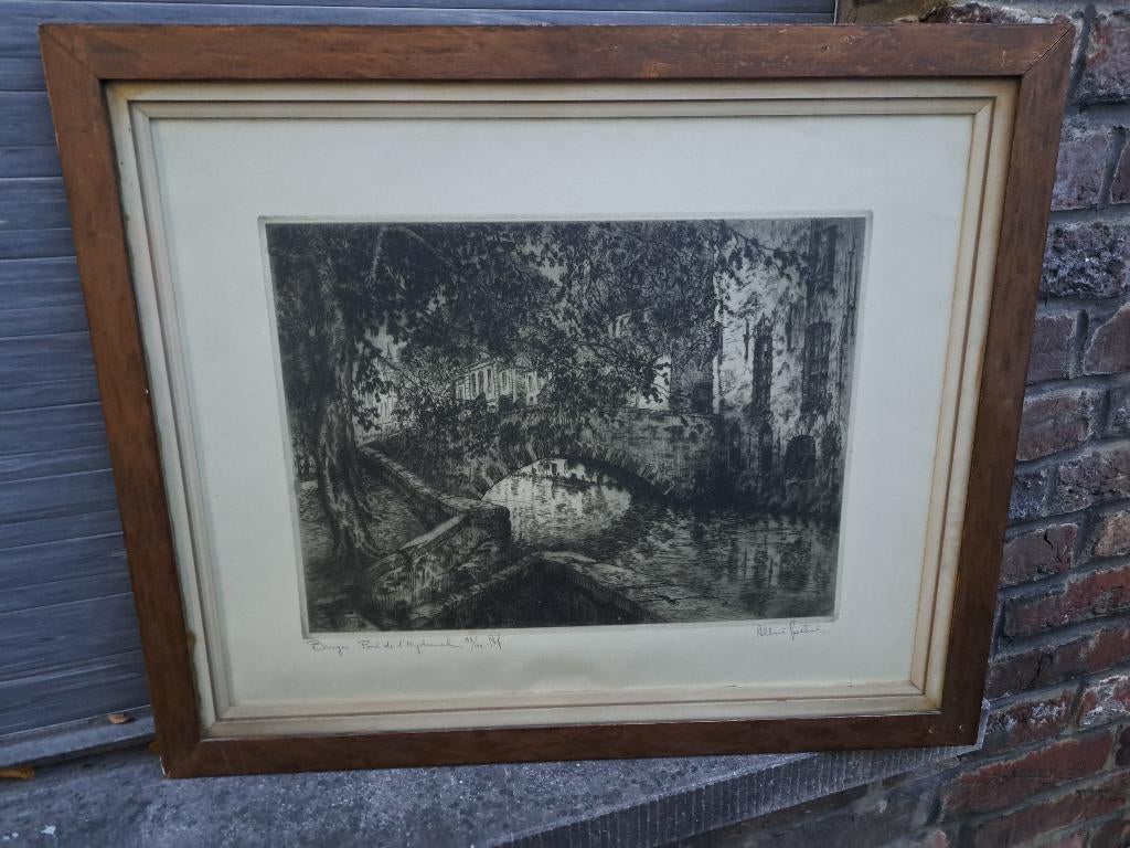 gravure bruges , pont de l hydromel signe albert goethals, Antiek en Kunst, Kunst | Etsen en Gravures, Ophalen of Verzenden