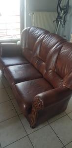 VINTAGE BRUIN LEDEREN 3-ZITBANK 20e eeuw, Huis en Inrichting, Zetels | Zetels, Gebruikt, Driepersoons, Ophalen of Verzenden, Rechte bank