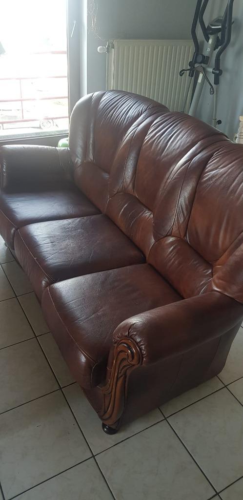 VINTAGE BRUIN LEDEREN 3-ZITBANK 20e eeuw, Huis en Inrichting, Zetels | Zetels, Gebruikt, Rechte bank, Driepersoons, 200 tot 250 cm