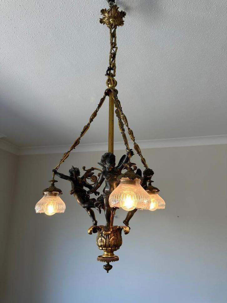 Antieke bronzen kroonluchter „putti” cherubijnen - Exclusief, Antiek en Kunst, Antiek | Verlichting, Ophalen