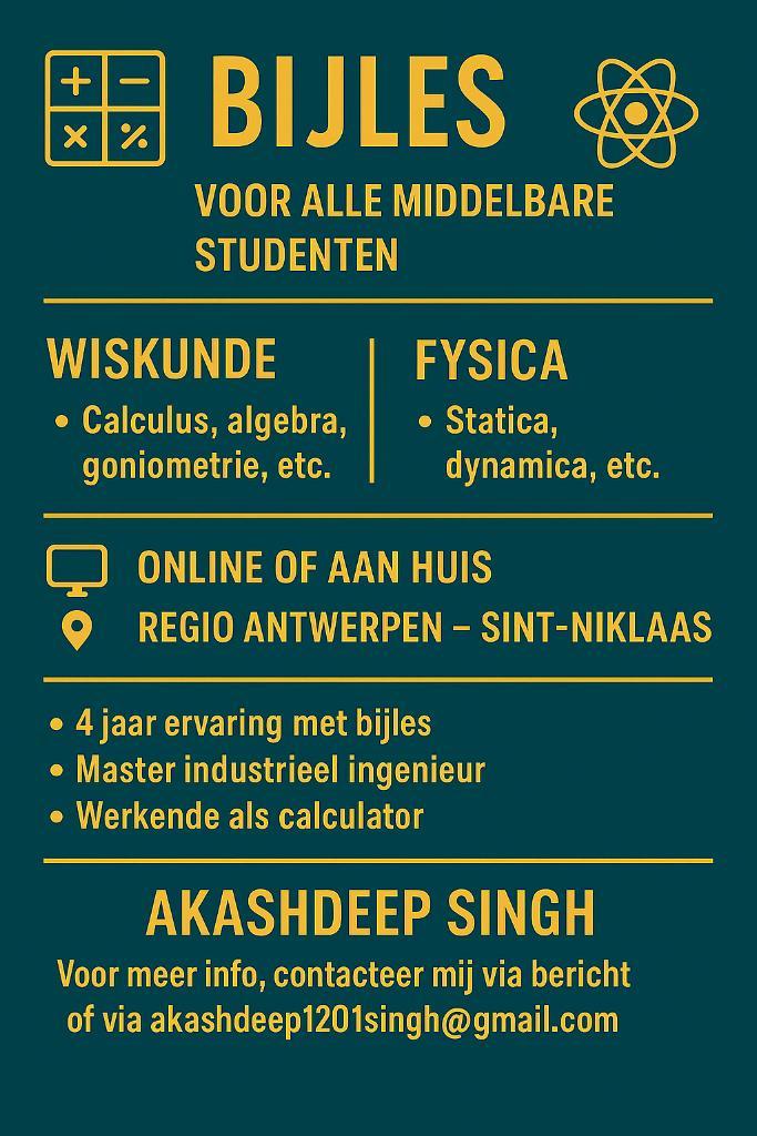 Bijles Wiskunde en Fysica, Diensten en Vakmensen, Bijles, Privé-les en Taalles, Bijles, Examen- of Scriptiebegeleiding, Huiswerkbegeleiding