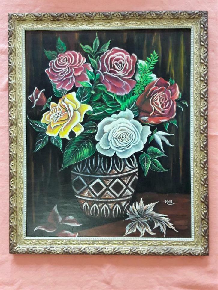 Bloemschildering van HOËL - houten lijst en vergulding, Antiek en Kunst, Kunst | Schilderijen | Klassiek, Ophalen