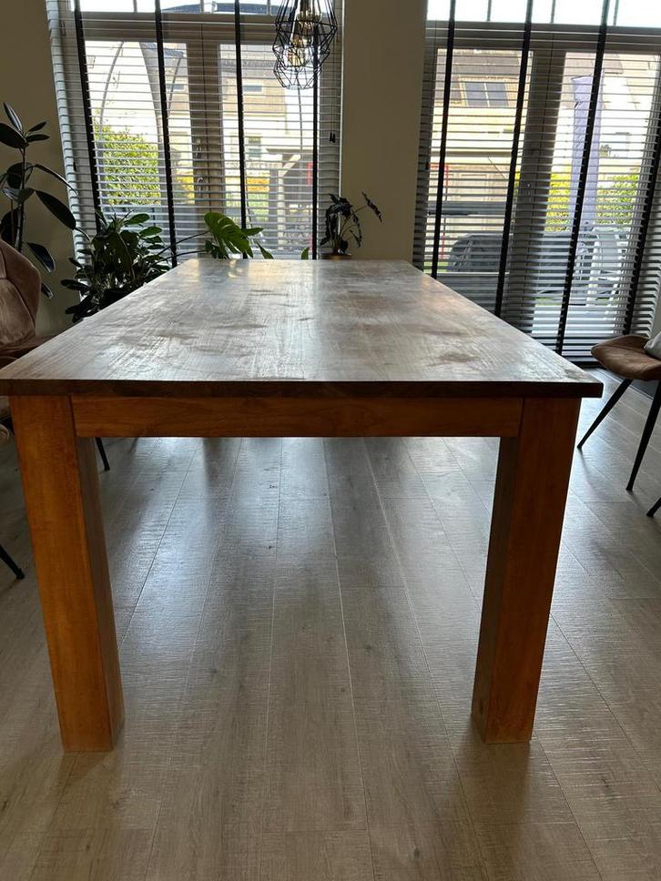 Robuuste teak tafel – 220 x 100 cm, Huis en Inrichting, Tafels | Eettafels, Gebruikt, 100 tot 150 cm, 200 cm of meer, Vijf personen of meer