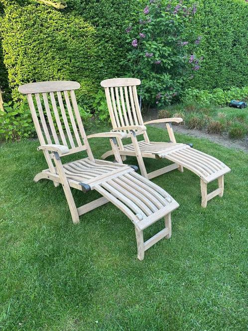 2 ligstoelen van teakhout, Barlow en Tyrie, Tuin en Terras, Tuinstoelen, Gebruikt, Teakhout, Inklapbaar, Verstelbaar, Ophalen