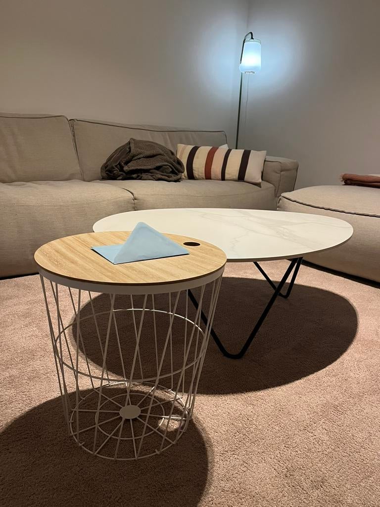 Witte aluminium bijzettafel met houten deksel, Enlèvement, Comme neuf