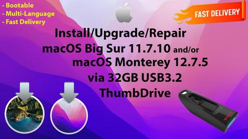 Installez macOS Big Sur 11.7.10 + Monterey 12.7.5 via USB, Informatique & Logiciels, Systèmes d'exploitation, Neuf, MacOS, Envoi
