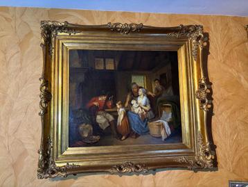Schilderij - Een huistafereel, moeder met kind beschikbaar voor biedingen