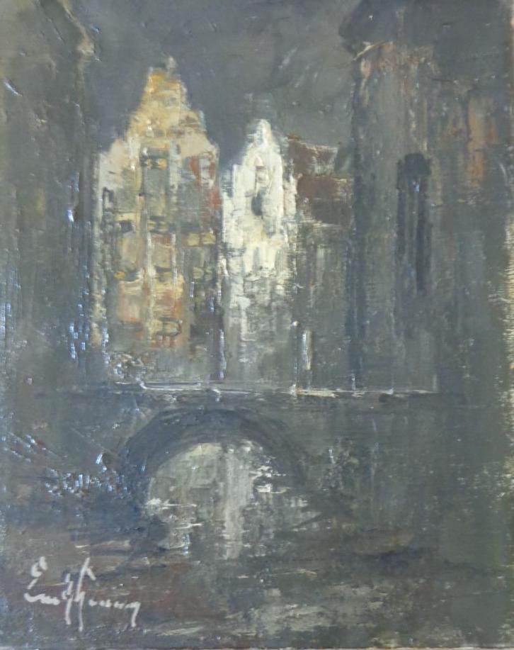 EMILE LAMMERS / STADSZICHT / OLIEVERF DOEK / 30x24cm / SIG, Antiquités & Art, Art | Peinture | Classique, Enlèvement ou Envoi