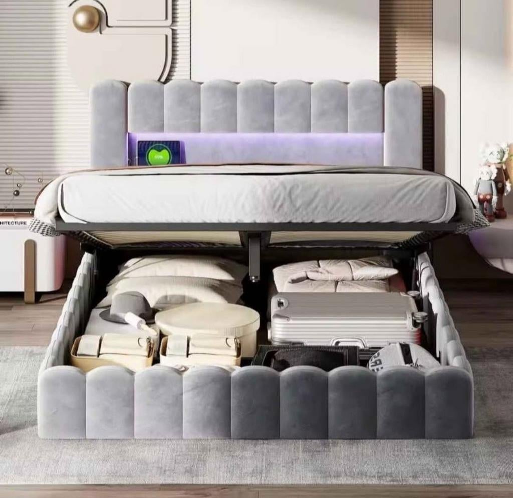 Lit double hydraulique Neuf 160 × 200cm avec LED, Maison & Meubles, Chambre à coucher | Lits, 200 cm, Beige