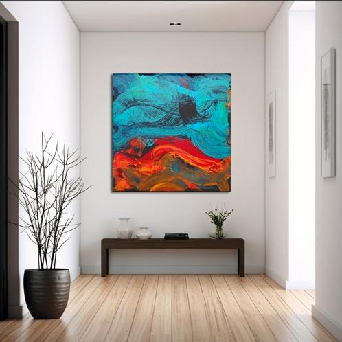 Abstract schilderij 'Lava' 1 x 1 m, Antiek en Kunst, Kunst | Schilderijen | Abstract, Ophalen