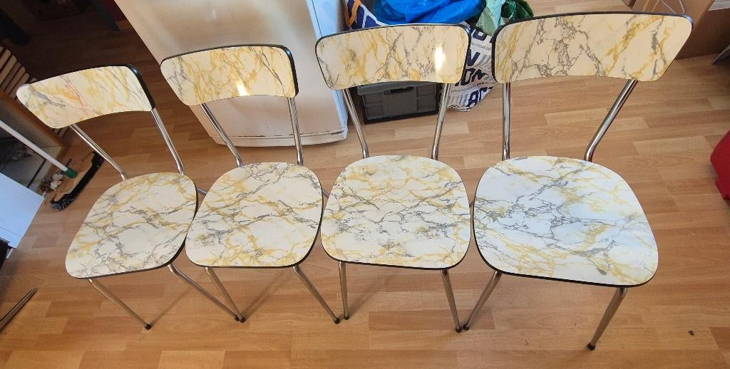 Lot de 4 chaises vintage Formica - Effet Marbre - Années 60, Maison & Meubles, Chaises, Utilisé, Quatre, Métal, Autres matériaux